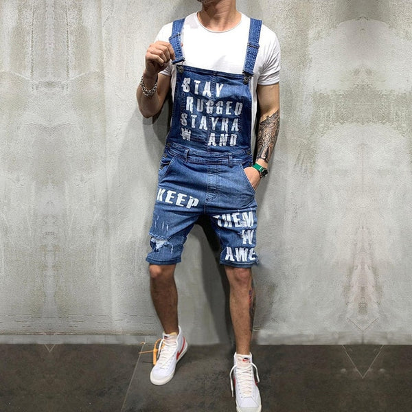 2019 New Fashion Men's Ripped Jeans Jumpsuits Shorts Summer Hi Street Distressed Denim Bib Overalls For Man Suspender Pants