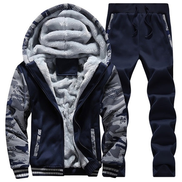 LBL Fleece Winter Tracksuit Men Set Streetwear Mens Hoodie Sets Camouflage Thick Hooded Jacket Male Patchwork Moleton Masculino