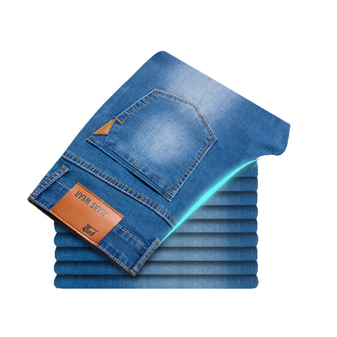 2019 Summer New Men Thin Light Jeans Business Casual Stretch Slim Denim Jeans Light Blue Trousers Male Brand Pants Plus Size