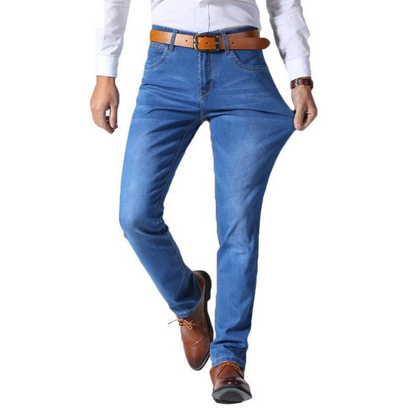 2019 Summer New Men Thin Light Jeans Business Casual Stretch Slim Denim Jeans Light Blue Trousers Male Brand Pants Plus Size