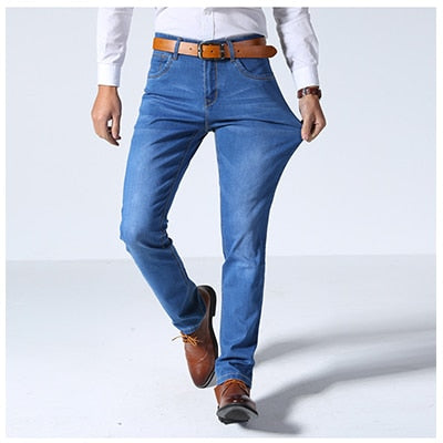 2019 Summer New Men Thin Light Jeans Business Casual Stretch Slim Denim Jeans Light Blue Trousers Male Brand Pants Plus Size