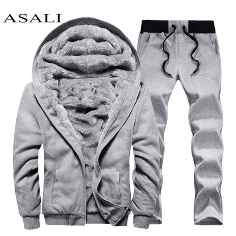 Men hooded Tracksuit Lined Thick Coat Sweatshirt + Pants New Sportswear Jogger Suit 2 Piece Set Brand Male Winter Sets Clothing