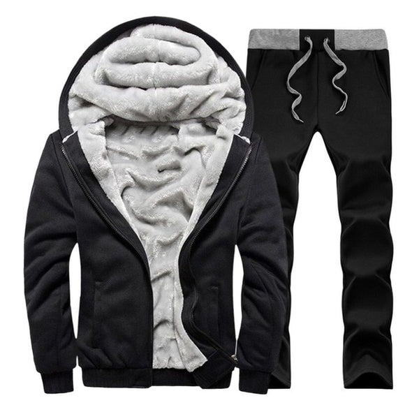 Men hooded Tracksuit Lined Thick Coat Sweatshirt + Pants New Sportswear Jogger Suit 2 Piece Set Brand Male Winter Sets Clothing