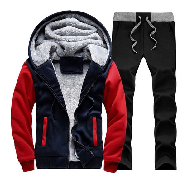 Men hooded Tracksuit Lined Thick Coat Sweatshirt + Pants New Sportswear Jogger Suit 2 Piece Set Brand Male Winter Sets Clothing