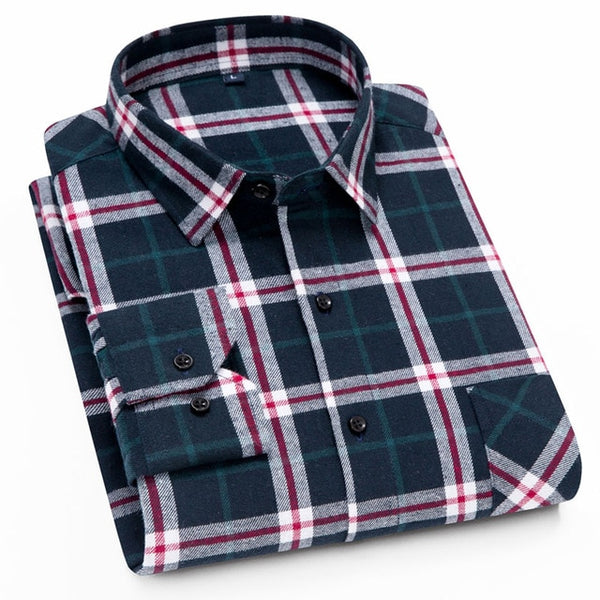 100% Cotton Flannel Shirt Men Slim Fit Plaid Casual shirts Long Sleeve Winter Male Shirts