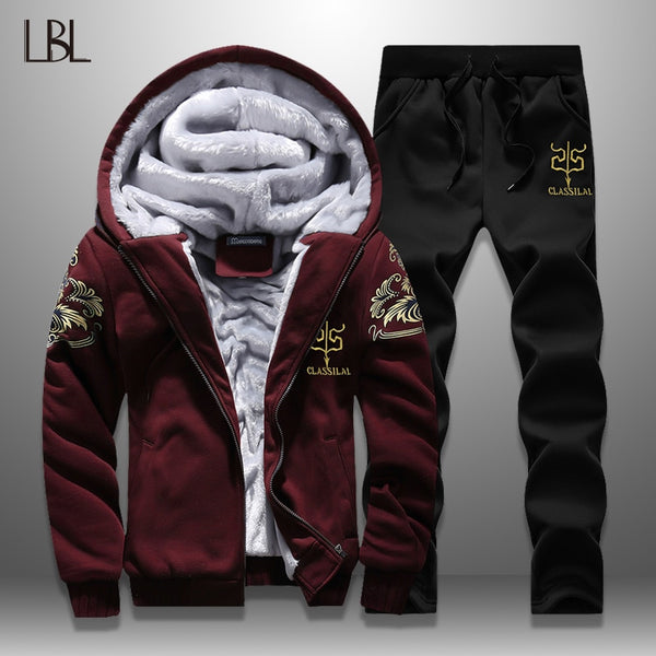 Fleece Tracksuit Men Winter Sportswear Warm Hoodies Set Male New Print Casual Jackets + Sweatpants Mens Sets Moletons Masculino