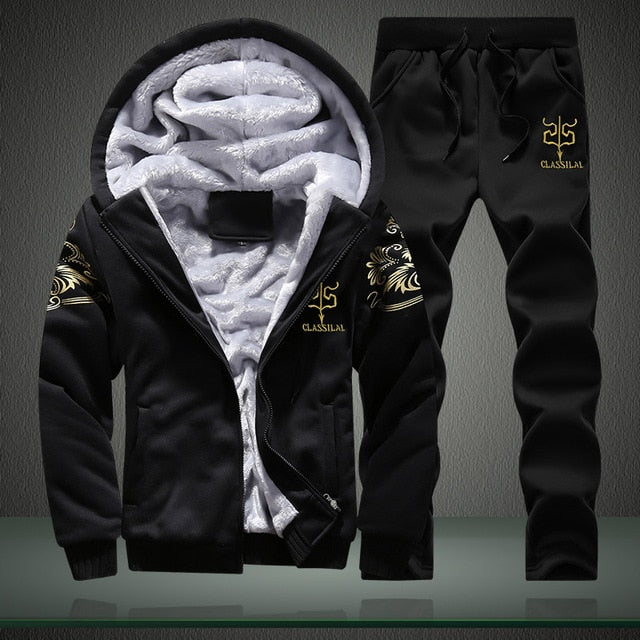 Fleece Tracksuit Men Winter Sportswear Warm Hoodies Set Male New Print Casual Jackets + Sweatpants Mens Sets Moletons Masculino