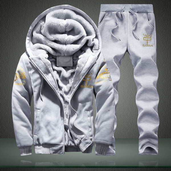 Fleece Tracksuit Men Winter Sportswear Warm Hoodies Set Male New Print Casual Jackets + Sweatpants Mens Sets Moletons Masculino