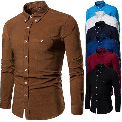 New Men's Business Long Sleeve Corduroy Shirt Fashion Men Cotton Trend Solid Color Lapel Shirt for Male Autumn Winter M-5XL