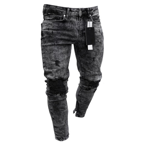 feitong Cotton Jeans Men Spring 2019 MenClothes Denim Pants Distressed Freyed Slim Fit Casual Trousers Stretch Ripped Jeans