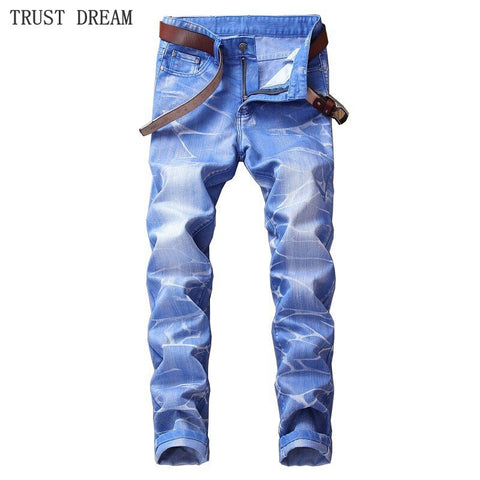 Fashion European Style Men Print Slim Light Blue Denim Pencil Pant Washestoned Man Causal Street Club Personal Plus Size Jeans