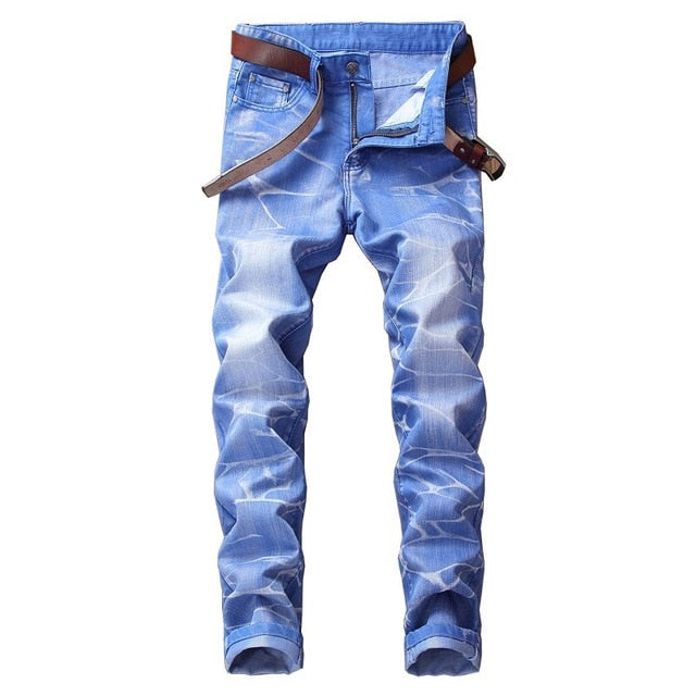 Fashion European Style Men Print Slim Light Blue Denim Pencil Pant Washestoned Man Causal Street Club Personal Plus Size Jeans