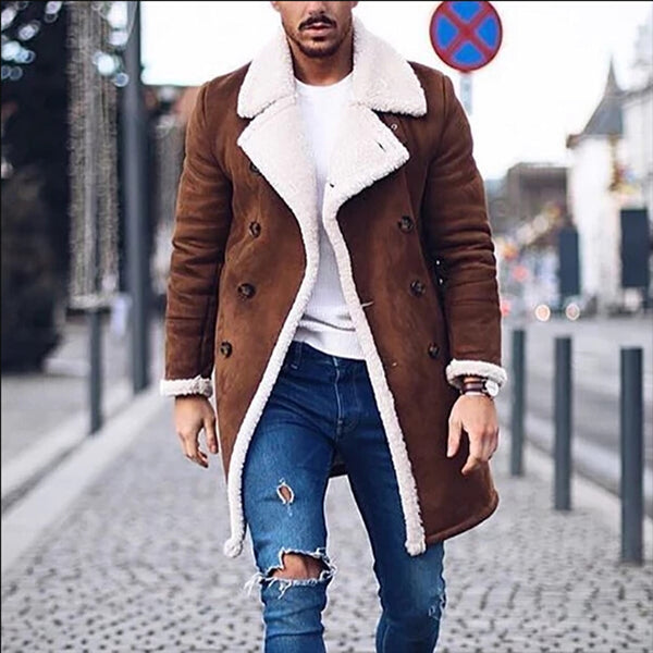 Faux Fur Fleece Faux Leather Jacket Men Winter Brown Suede Jacket Warm Bomber Long Coats Male Outwear Thicken Jacket  Plus Size