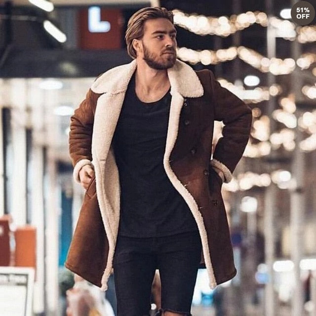 Faux Fur Fleece Faux Leather Jacket Men Winter Brown Suede Jacket Warm Bomber Long Coats Male Outwear Thicken Jacket  Plus Size