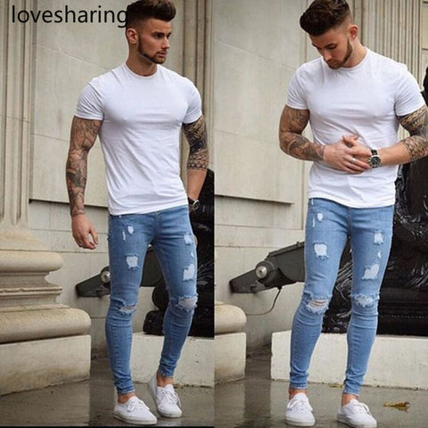 2019  New Arrival Fashion Hot Men's Long Straight Leg Slim Fit Casual Hole Stretch Denim Pants Skinny Jeans men Clubwear