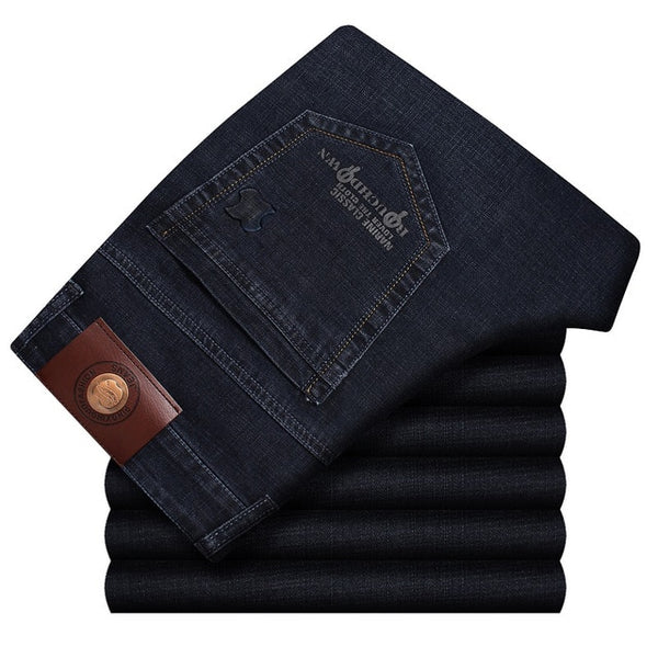 Xuansheng brand  men's jeans 2019 autumn and winter thick business work casual stretch slim jeans classic pants blue black jeans