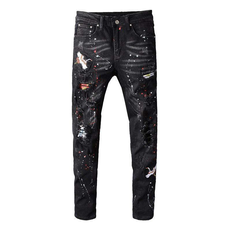 Sokotoo Men's black bird embroidered painted ripped jeans Streetwear holes patchwork stretch denim pants Skinny pencil  trousers