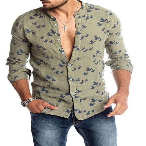 New Men Shirt Long Sleeve Solid Cotton Casual Shirts Shirt V-Neck Cotton Chinese Style Summer Top Slim Fit Long Sleeve Shirts