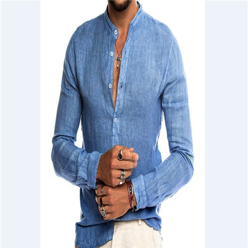 New Men Shirt Long Sleeve Solid Cotton Casual Shirts Shirt V-Neck Cotton Chinese Style Summer Top Slim Fit Long Sleeve Shirts