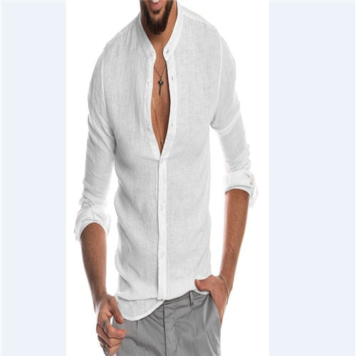 New Men Shirt Long Sleeve Solid Cotton Casual Shirts Shirt V-Neck Cotton Chinese Style Summer Top Slim Fit Long Sleeve Shirts