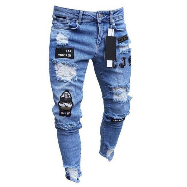 Fashion Men Stretchy Ripped Skinny Biker Hip Hop Jeans Destroyed Taped Patch Slim Pencil Denim Long Pants