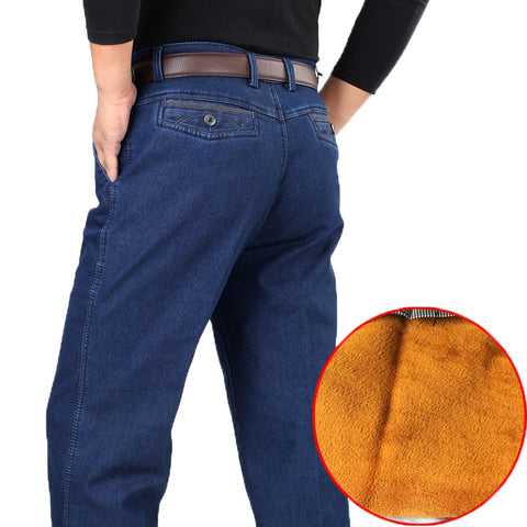 Winter Mens Thick Warm Jeans Classic Fleece Male Denim Pants Cotton Blue Black Quality Long Trousers for Men Brand Jeans Size 42