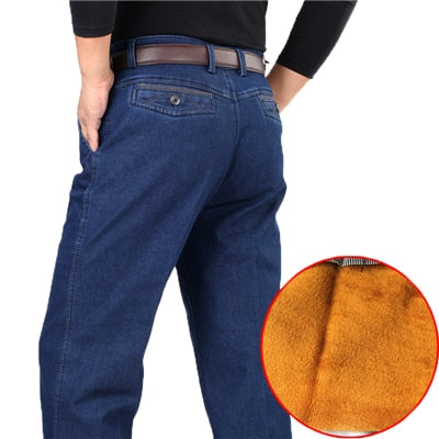 Winter Mens Thick Warm Jeans Classic Fleece Male Denim Pants Cotton Blue Black Quality Long Trousers for Men Brand Jeans Size 42