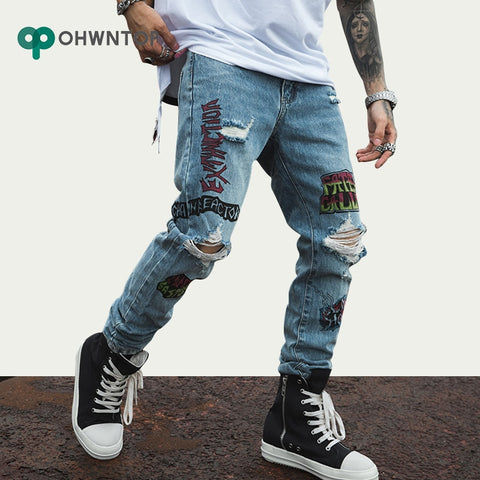 Funny Casual Graffiti Jeans Pants Mens 2019 Harajuku Fashion Streetwear Hole Male Denim Jeans Hip Hop Joggers Workout Trousers