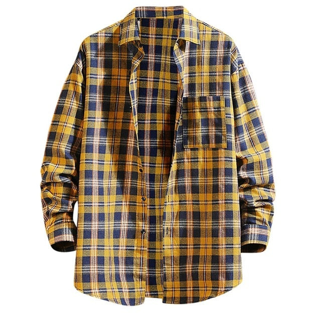 Autumn Winter Men Shirt Casual Loose Top Turn-down Collar Plaid Printed Long Sleeve Men Dress Shirt Blouse Camisas Hombre