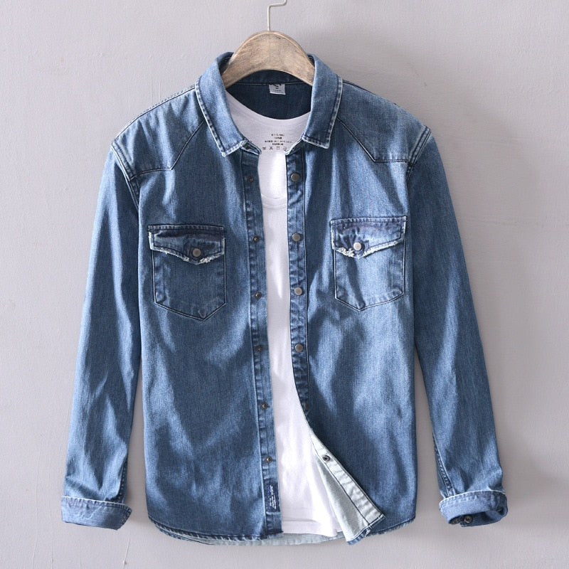 The new 2020 young men in the spring and autumn pure cotton men denim shirt leisure fashion shirt