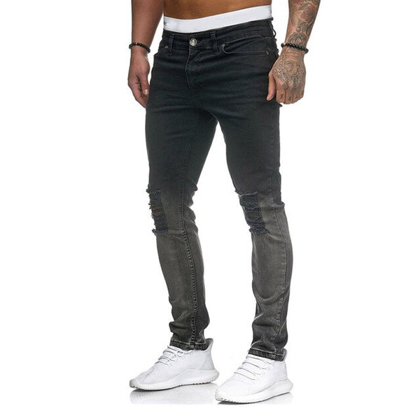 2019 New Mens Denim Jeans Fashion Patchwork Skinny Pants Slim Fit Zipper Destroyed Style Ripped Male Elastic Trousers