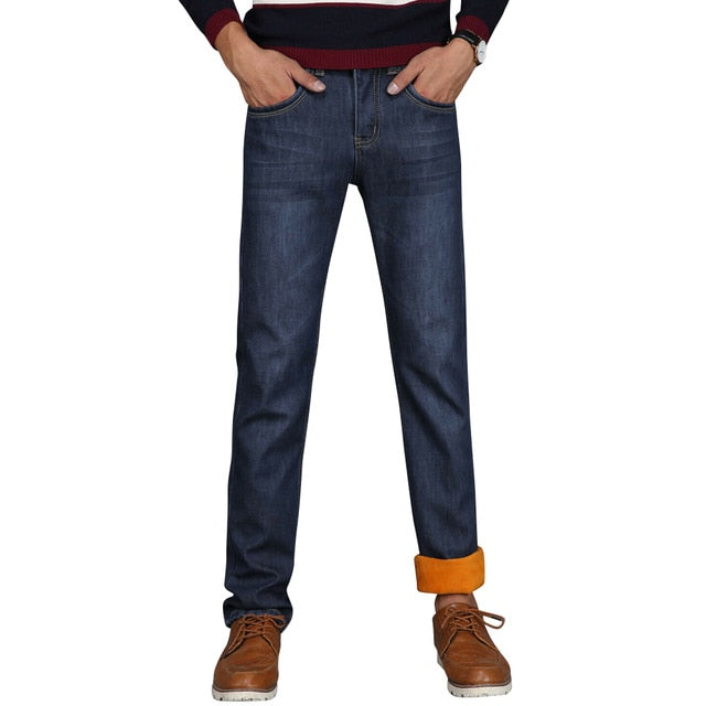 Men Winter Thermal Jeans Fleeced Lined Denim Long Pants Casual Warm Trousers for Office Travel -MX8