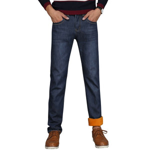 Men Winter Thermal Jeans Fleeced Lined Denim Long Pants Casual Warm Trousers for Office Travel -MX8