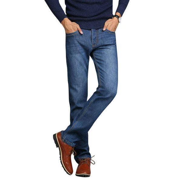 Men Winter Thermal Jeans Fleeced Lined Denim Long Pants Casual Warm Trousers for Office Travel -MX8