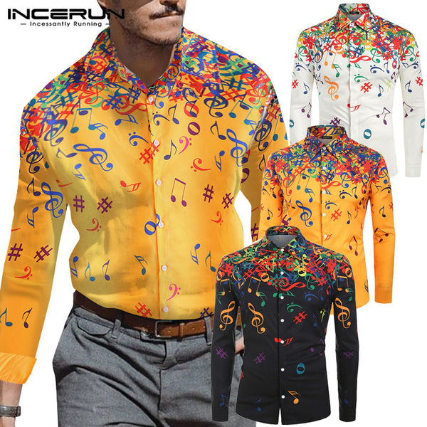 INCERUN Men Long Sleeve Lapel Casual Shirt Personality Musical Note Printed Street Cool Boy Vacation Comfort Mens Blouse Hombre