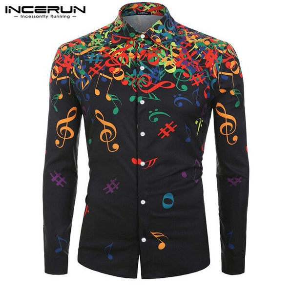 INCERUN Men Long Sleeve Lapel Casual Shirt Personality Musical Note Printed Street Cool Boy Vacation Comfort Mens Blouse Hombre