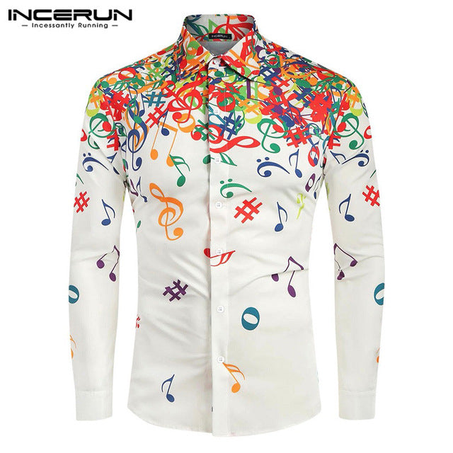 INCERUN Men Long Sleeve Lapel Casual Shirt Personality Musical Note Printed Street Cool Boy Vacation Comfort Mens Blouse Hombre