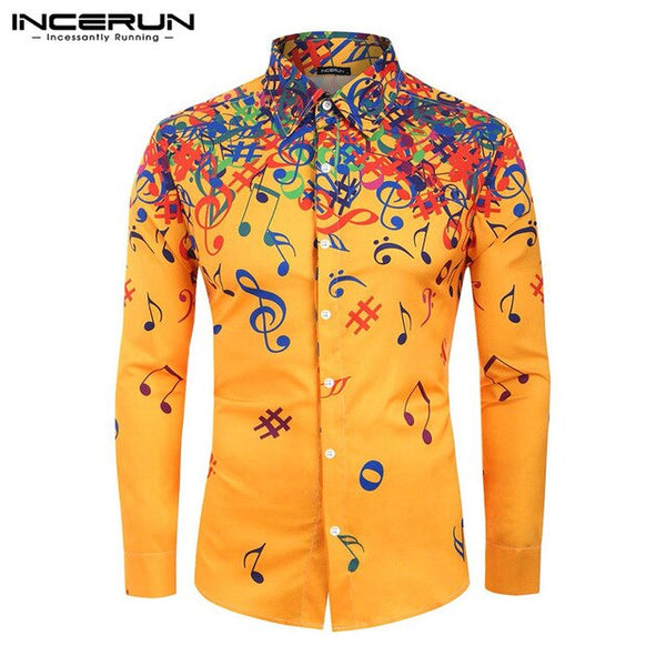 INCERUN Men Long Sleeve Lapel Casual Shirt Personality Musical Note Printed Street Cool Boy Vacation Comfort Mens Blouse Hombre