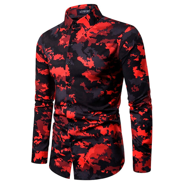 Men Shirt Red Printed Shirts Ethnic Style Streetwear Printing Slim Long Sleeves Casual Blouse Camouflage Chemise Homme Camisas