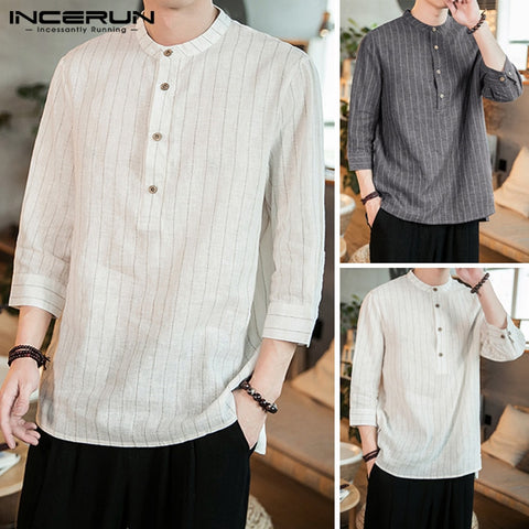 INCERUN 2019 Men Striped Shirt Stand Collar 3/4 Sleeve Button Camisa Pullover Vintage Brand Casual Shirts Men Harajuku Plus Size