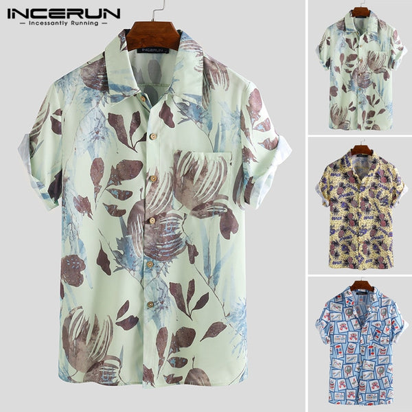 INCERUN 2019 Men Hawaiian Beach Shirt Printing Casual Loose Pockets Tops Summer Short Sleeve Streetwear Chemise Men Brand Shirts