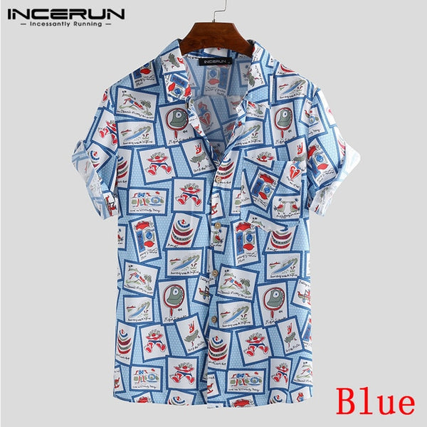 INCERUN 2019 Men Hawaiian Beach Shirt Printing Casual Loose Pockets Tops Summer Short Sleeve Streetwear Chemise Men Brand Shirts