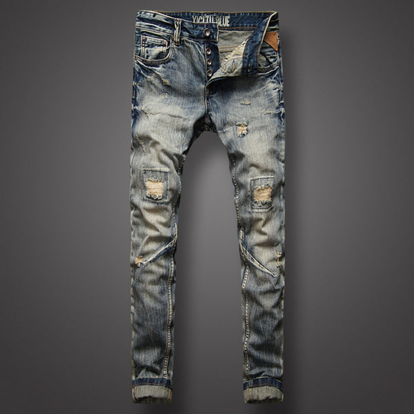 Italian Style Men Jeans Top Quality Fashion Youth Street Biker Jeans Men Retro Vintage Denim Pants Destroyed Ripped Jeans Homme