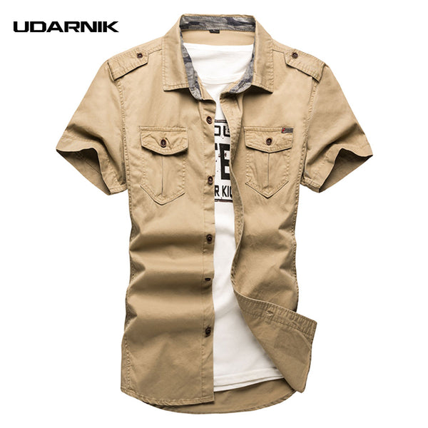 Men's Shirt Casual Cotton Short Sleeve Cargo Military Safari Style Oversized Double Pockets Top 904-821