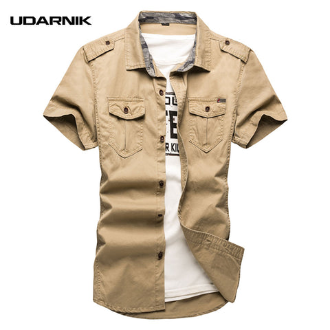 Men's Shirt Casual Cotton Short Sleeve Cargo Military Safari Style Oversized Double Pockets Top 904-821