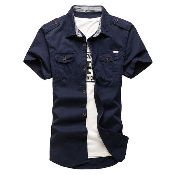 Men's Shirt Casual Cotton Short Sleeve Cargo Military Safari Style Oversized Double Pockets Top 904-821