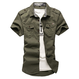 Men's Shirt Casual Cotton Short Sleeve Cargo Military Safari Style Oversized Double Pockets Top 904-821