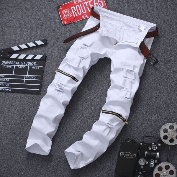 Red zipper decoration Skinny jeans men Ripped jeans Fashion Casual Slim fit Biker jeans Hip hop Denim elastic cotton trousers