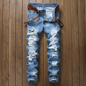 Denim Trousers Straight Washed with Pleated Ripped holes button skinny biker jeans blue 2018 slim fit jeans men pants hot sale