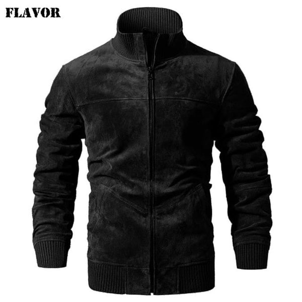 FLAVOR Men's Real Leather Jacket Men Pigskin Slim Fit Genuine Leather Coat With Rib Cuff Standing Collar